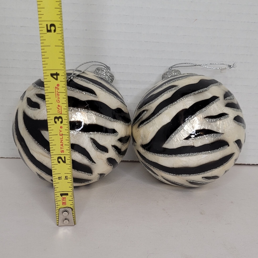 Cloisonne Style Zebra Pattern Christmas Ornaments 4" Ball Pearl & Silver Accents - Picture 7 of 9